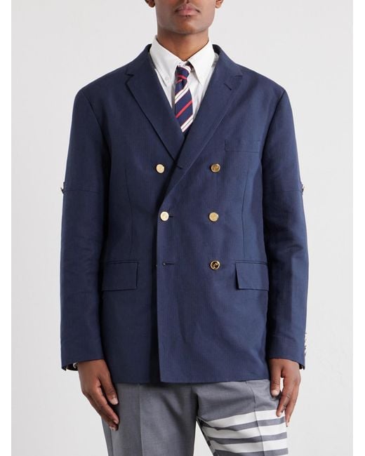 Thom Browne Blue Double-breasted Striped Cotton And Linen-blend Blazer for men