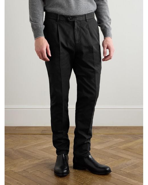 Brunello Cucinelli Black Straight-Leg Pleated Cotton-Twill Trousers for men