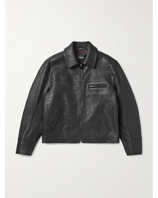 Versace Black Slim-Fit Full-Grain Leather Blouson Jacket for men