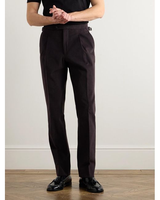 Saman Amel Brown Slim-Fit Pleated Cotton And Linen-Blend Twill Suit Trousers for men