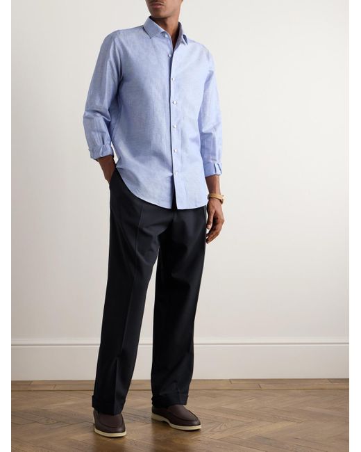 Loro Piana Blue André Striped Slub Linen And Cotton-blend Shirt for men