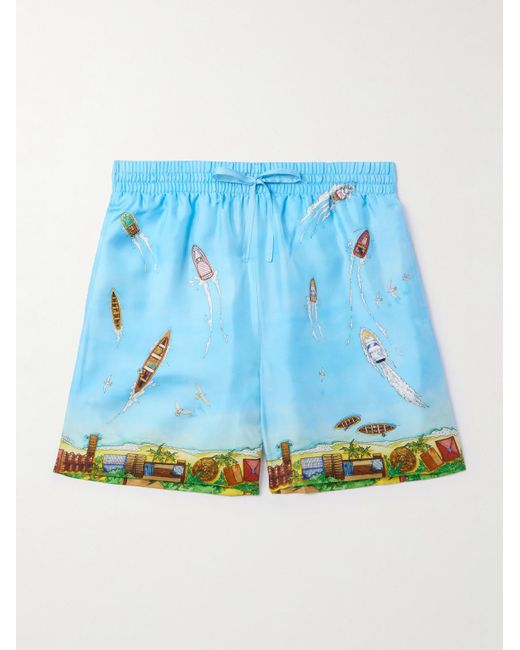 Casablancabrand Blue Maison Sur Piloti Straight-leg Printed Silk-twill Drawstring Shorts for men