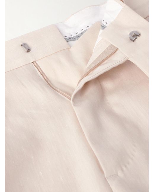 Pantaloni a gamba dritta in misto lino e lana con pinces di Brunello Cucinelli in White da Uomo