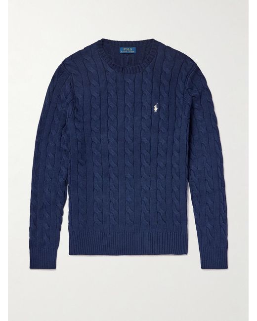 Polo Ralph Lauren Blue Driver Logo-Embroidered Cable-Knit Cotton Sweater for men