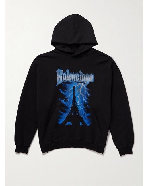 Balenciaga Blue Paris Thunderstorm Distressed Logo-Print Cotton-Jersey Hoodie for men