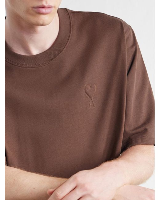 AMI Brown Logo-Embroidered Cotton-Jersey T-Shirt for men