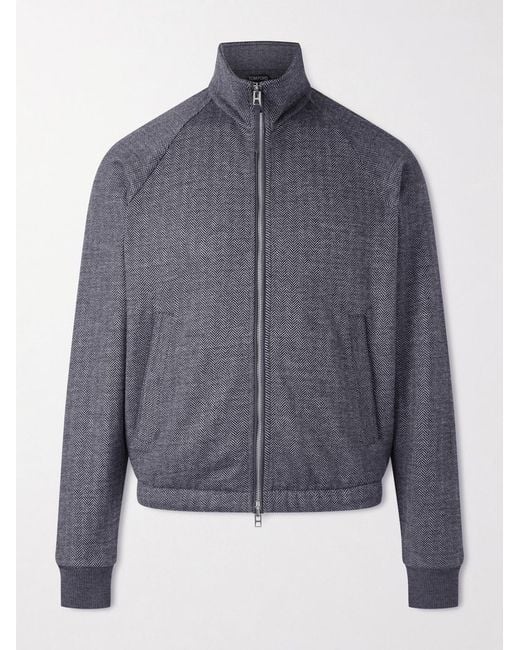 Tom Ford Blue Herringbone Cotton, Wool And Silk-Blend Jacket for men