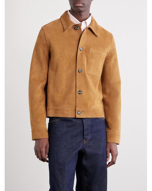 AMI Brown Logo-Embossed Suede Jacket for men