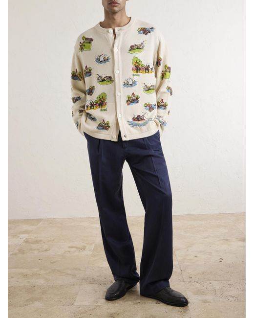 Bode Natural Camp Bead-embellished Jacquard-knit Wool And Cotton-blend Cardigan for men