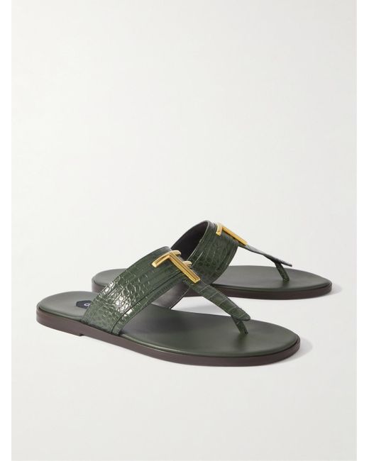 Tom Ford Green Brighton Logo-embellished Croc-effect Leather Sandals for men