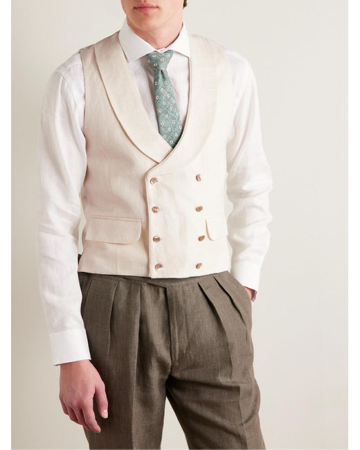 Favourbrook Natural Slim-fit Shawl-collar Double-breasted Herringbone Linen-blend And Satin Waistcoat for men