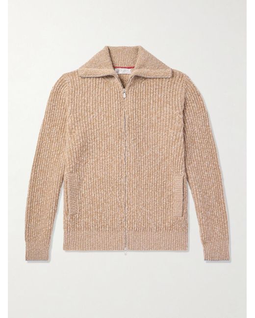 Brunello Cucinelli Cardigan aus einer Woll-Kaschmirmischung in Rippstrick mit Reißverschluss in Natural für Herren