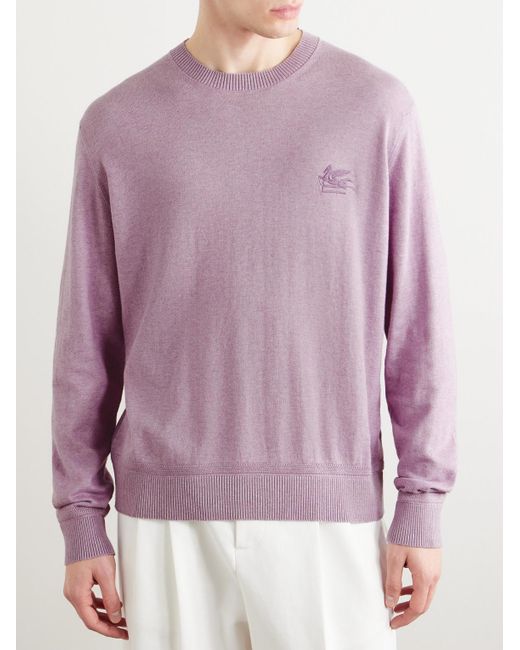 Pullover in misto cotone e cashmere con logo ricamato di Etro in Purple da Uomo
