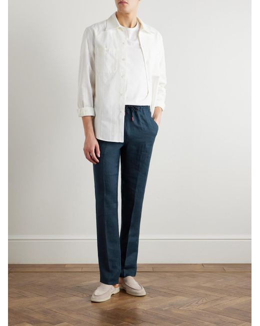 Kiton Blue Slim-Fit Straight-Leg Linen Drawstring Trousers for men