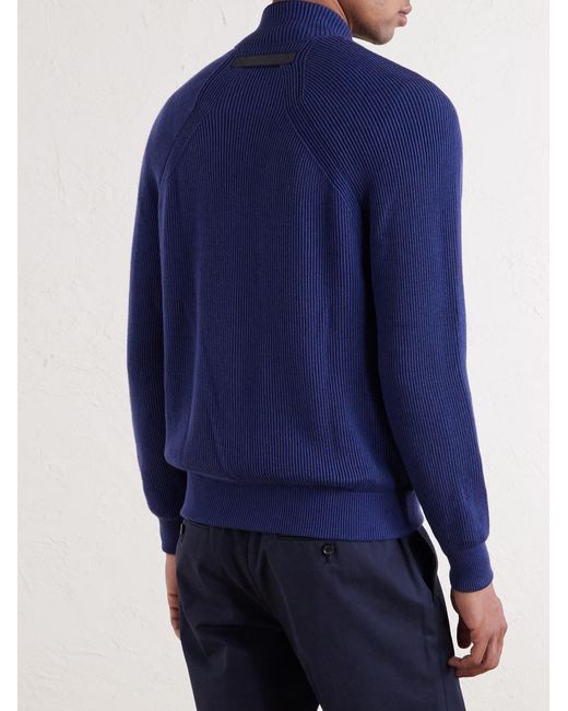 Sease Blue Suede And Ribbed Cotton And Cashmere-blend Bomber Jacket for men