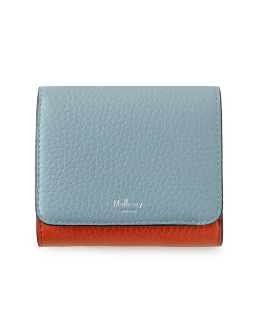 Mulberry Blue Small Continental French Purse In Cloud And Coral Orange Heavy Grain