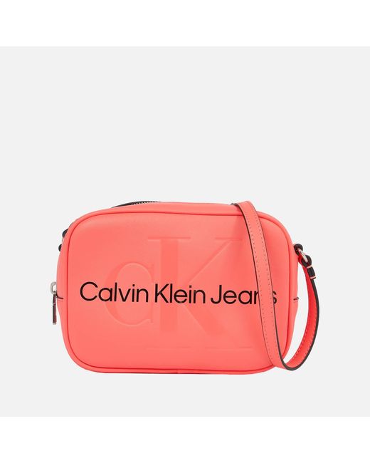 Calvin Klein Red Faux Leather Sculpted Monogram Camera Bag