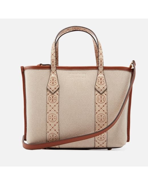 Tory Burch Natural Perry Canvas Small Triple-compartment Tote Bag