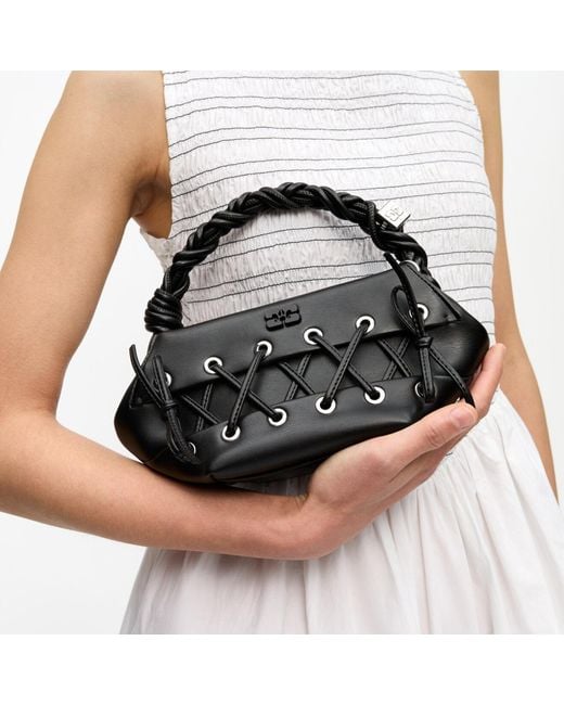 Ganni Black Eyelets Lace-up Leather-blend Small Bou Bag