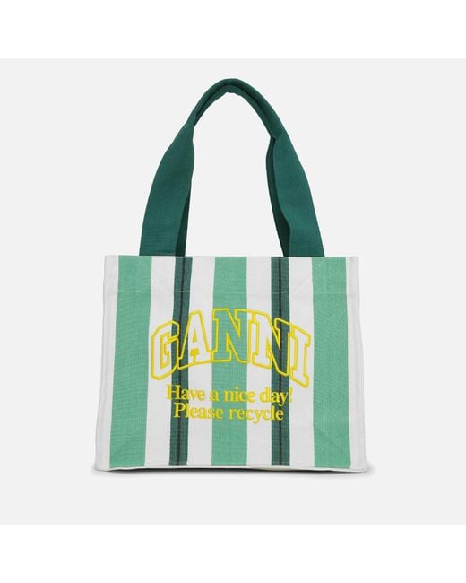 Ganni Green Large Easy Striped Canvas Tote Bag