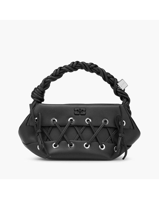 Ganni Black Eyelets Lace-up Leather-blend Small Bou Bag