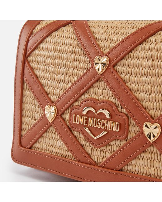 Love Moschino Brown Borsa Studded Faux Leather And Raffia Bag