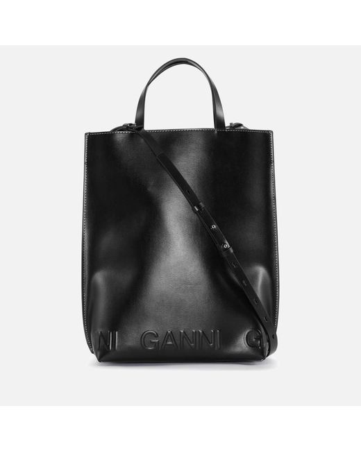 Ganni Black Medium Banner Logo Leather Tote Bag