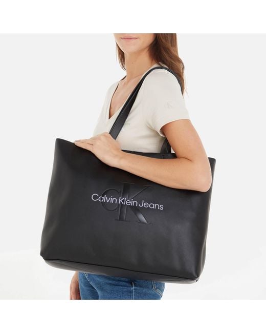 Calvin Klein Black Faux Leather Sculpted Monogram Slim Tote Bag