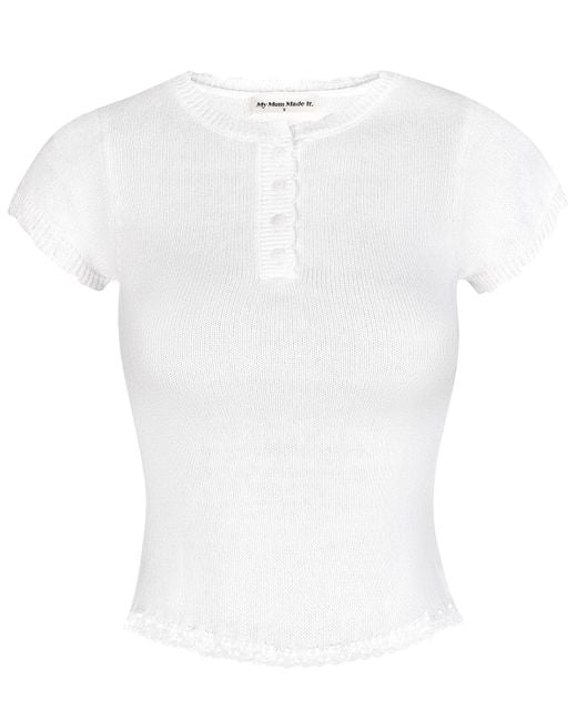 My Mum Made It White Lace Knit Button Top