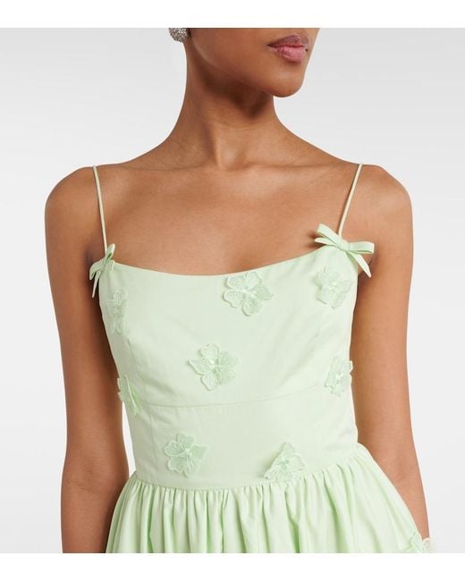 Self-Portrait Green Floral-Applique Cotton Poplin Midi Dress