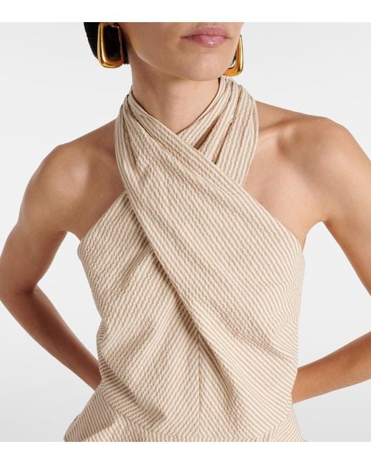 Veronica Beard Natural Drey Halterneck Cotton Seersucker Top