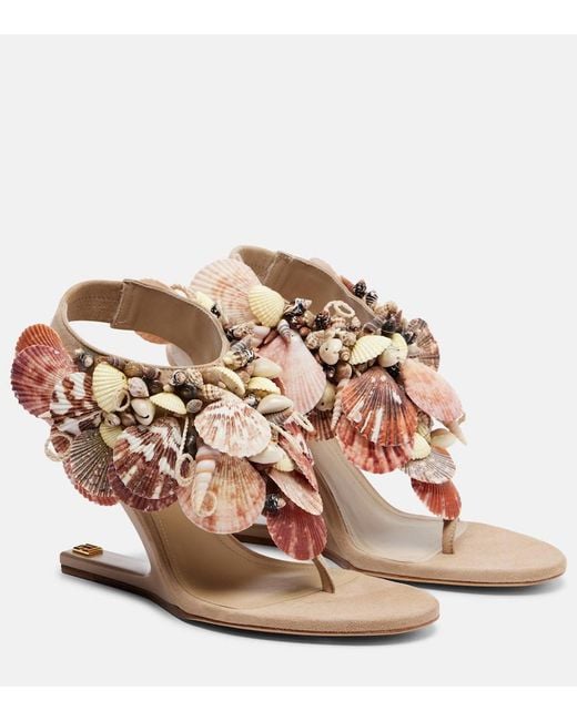 Balmain Pink Embellished Suede Slingback Wedges