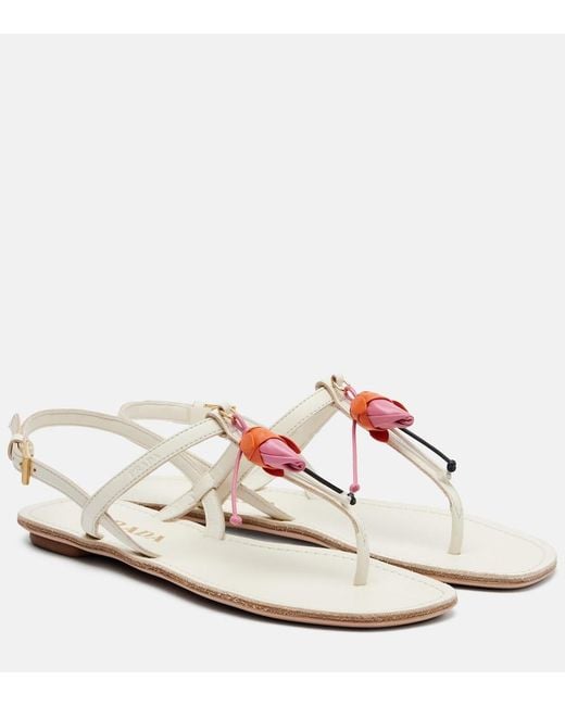 Prada White Floral-Applique Leather Thong Sandals