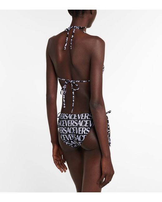 Versace Black Logo Print Halterneck Bikini Top
