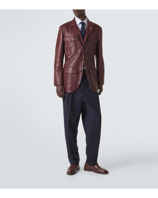 Brunello Cucinelli Red Leather Field Jacket for men