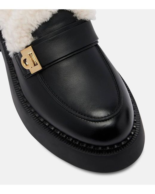 Ferragamo Black Caminia Shearling-Trimmed Leather Loafers