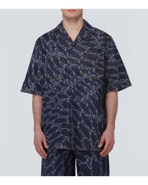 Gucci Blue Printed Denim Shirt for men