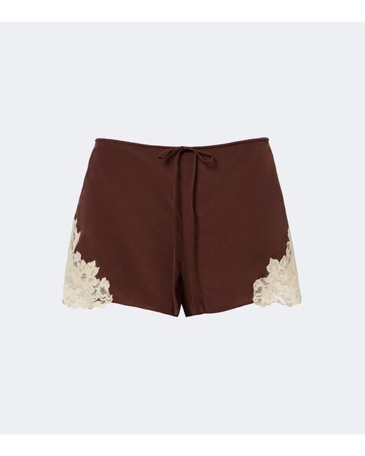 De La Vali Brown Elia Lace-Trimmed Crepe De Chine Shorts