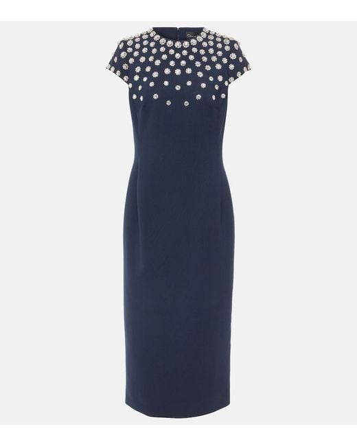 Oscar de la Renta Blue Embellished Wool-Blend Midi Dress