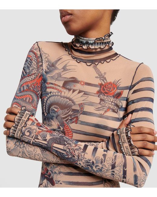 Jean Paul Gaultier Gray Tattoo Collection Tulle Turtleneck Top