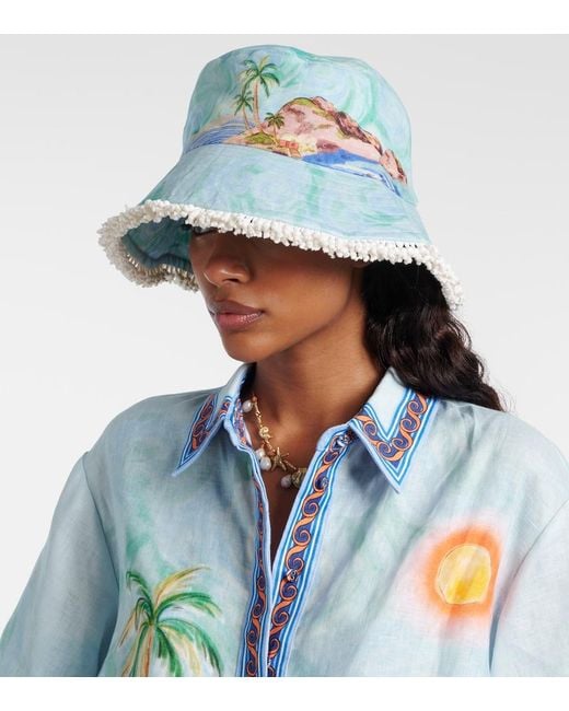 ALÉMAIS Blue Printed Linen Bucket Hat