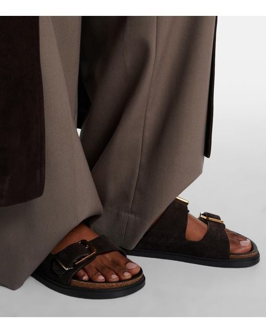 The Row Black Buckle Suede Slides