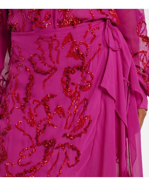 Dries Van Noten Pink Sequined Draped Chiffon Midi Skirt