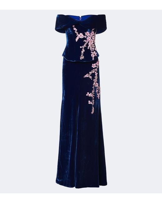 Costarellos Blue Rielle Embellished Floral-Applique Velvet Gown