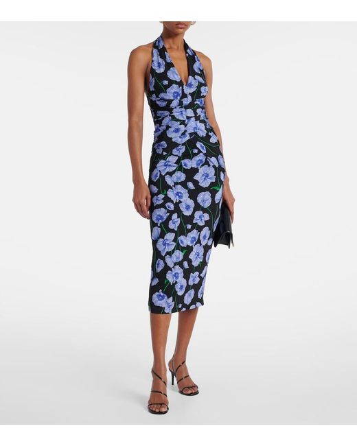 Carolina Herrera Blue Floral Gathered Midi Dress
