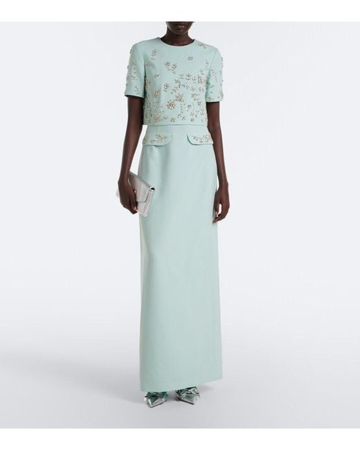Oscar de la Renta Green Crystal-Embellished Wool-Blend Gown