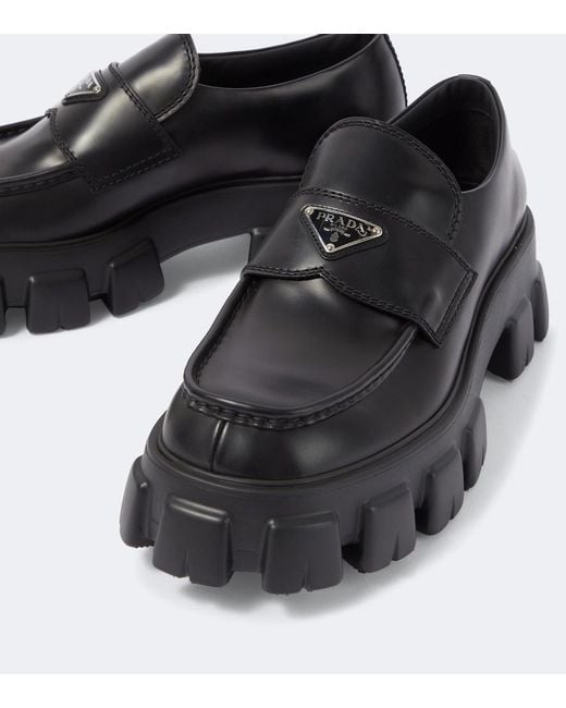 Prada Black Logo Leather Platform Loafers for men
