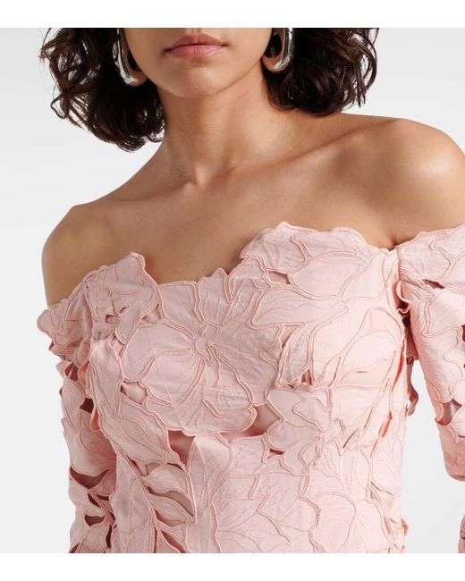 Costarellos Pink Kasia Floral Off-Shoulder Lace Gown