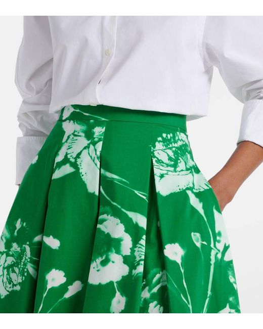 Erdem Green Pleated Floral Cotton Midi Skirt