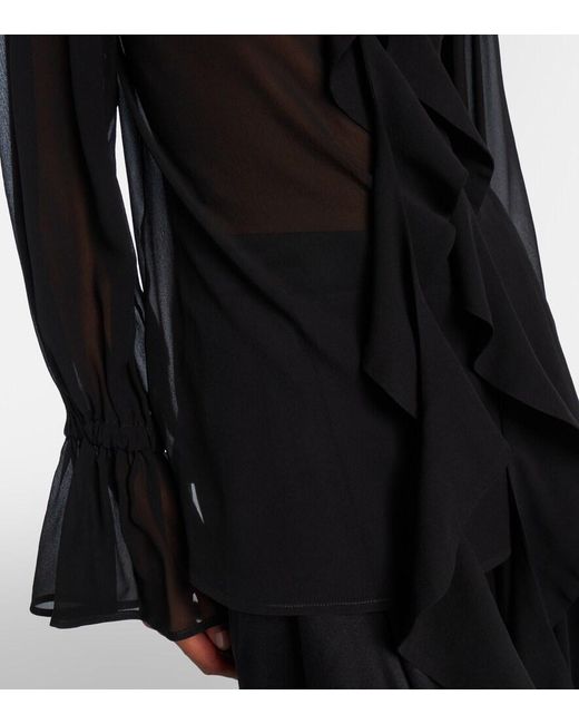 Nina Ricci Black Ruffled Sheer Silk Blouse